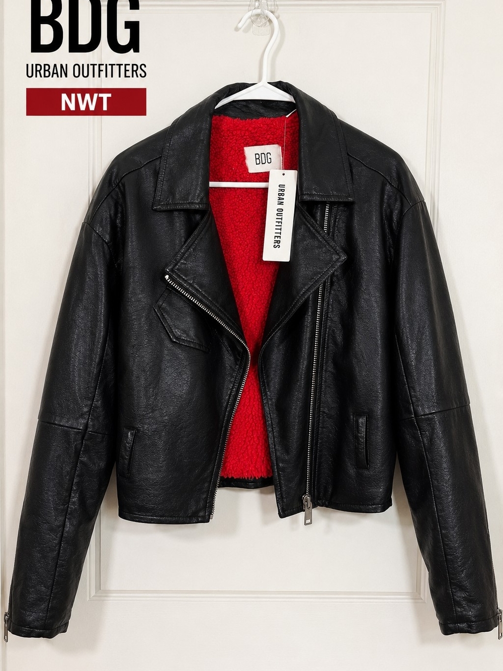 NWT BDG Urban Outfitters Faux Leather Sherpa Moto Jacket XS Black Red